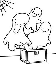 Vector illustration with ghosts flying out of an old chest. Halloween coloring page.