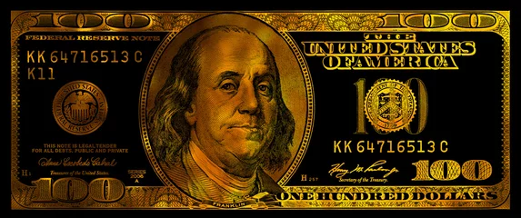 Zelfklevend Fotobehang Bestsellers Collecties golden textured 100 US dollar banknote with black background