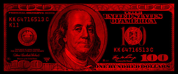 red textured 100 US dollar banknote with black background - obrazy, fototapety, plakaty