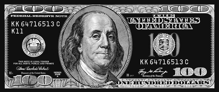 silver textured 100 US dollar banknote with black background