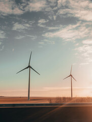 Wind turbine in flat land with with sky partially cloudy at sunset with orange warm light and asphalt road in the foreground 