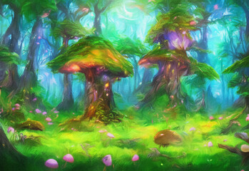 Watercolor and oil fantasy forest landscape, magic trees, mushrooms, glowing. Digital painting illustration concept art of mystic nature, outdoor drawing wall art print. Wonderland fairy tale artwork