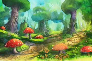 Watercolor and oil fantasy forest landscape, magic trees, mushrooms, glowing. Digital painting illustration concept art of mystic nature, outdoor drawing wall art print. Wonderland fairy tale artwork - 528555549