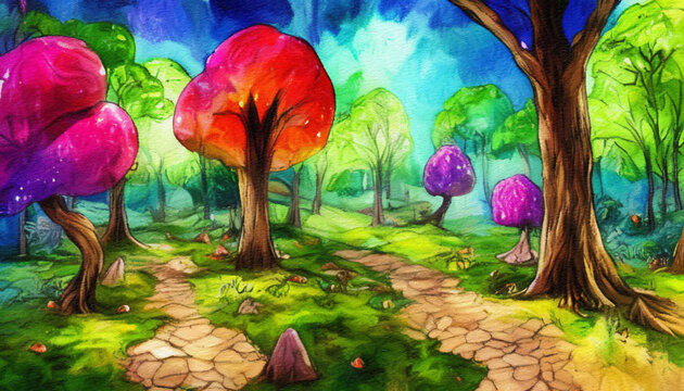 Watercolor and oil fantasy forest landscape, magic trees, mushrooms, glowing. Digital painting illustration concept art of mystic nature, outdoor drawing wall art print. Wonderland fairy tale artwork