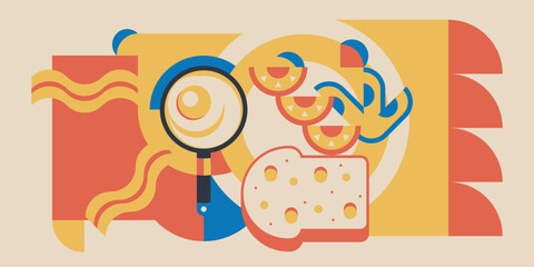 Breakfast illustration with scrambled eggs with toast and fresh vegetables in a simple geometric style