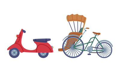 Fototapeta na wymiar Red Chinese Motor Scooter or Motorcycle and Rickshaw as Passenger Cart Vector Set