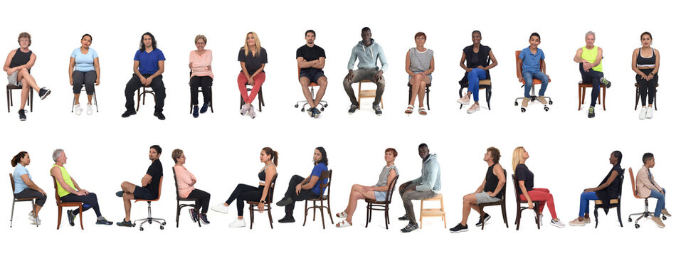 front and side view of a large group of people dressed in sports and casual clothes sitting on chair over white background