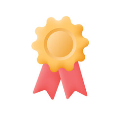 Gold winner medal with red ribbon. Premium quality, guarantee, graduating symbol. 3d vector icon illustration isolated on white background.