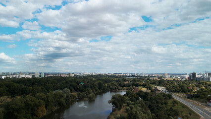 Winding river in the city park. Not a well maintained place. Aerial photography.