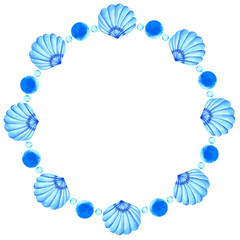 Watercolor blue seashell wreath isolated on transparent background. Nautical illustration.