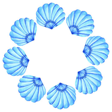 Watercolor blue seashell wreath isolated on transparent background. Nautical illustration.