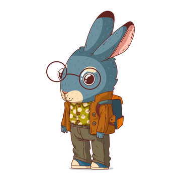 A Rabbit Boy, isolated vector illustration. Cute cartoon picture of a calm bunny pupil. A drawn animal sticker. Simple drawing of a hare on white background. A schoolboy. An elementary school pupil.