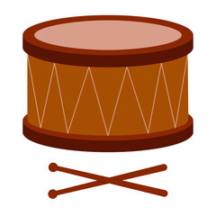 Obraz na płótnie Canvas Drum with sticks isolated on a white background. A classical percussion musical instrument. Flat style. Vector