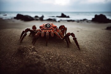 Creepy alien crustacean, otherworldly planet marine life - extremely strange and weird crab with claws and dangerous spiky tentacles. - obrazy, fototapety, plakaty