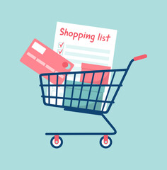 Shopping list, credit card and boxes in a supermarket shopping cart on a turquoise background. Flat vector illustration © Alrika 