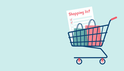 Shopping list and packages with purchases in a supermarket shopping cart on a turquoise background with copy space. Flat vector illustration