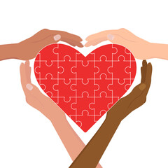 assembled puzzle mosaic heart. hands symbol of the heart, multicultural community of care and mercy. concept of kindness and love for people, vector flat cartoon illustration