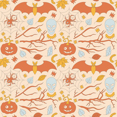 Seamless pattern with retro 70s style Halloween elements. Ghost, skull, bat, branches, pumpkin, spider. Autumn simple minimalist background with leaves. 1970 good vibes. Vector illustration.