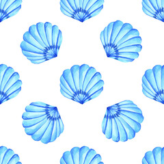 Watercolor blue seashell seamless pattern isolated on transparent background. Nautical illustration.
