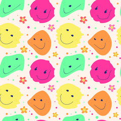 Seamless pattern of bright hippie smiles from the 60's 70's 80's