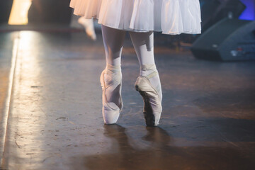 Ballet dancers couple during performance repetition, classic ballet rehearsal practicing in ballroom, view of legs in pointe shoes, ballerina and ballet dancer on a concert hall theatre stage © tsuguliev