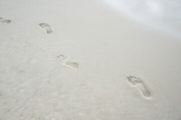 one set of human bare foot prints in the sand at the shoreline of the beach, with water in the right corner. Concept peaceful scene seaside. 