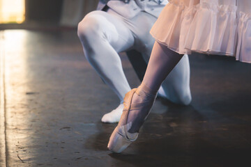 Ballet dancers couple during performance repetition, classic ballet rehearsal practicing in ballroom, view of legs in pointe shoes, ballerina and ballet dancer on a concert hall theatre stage © tsuguliev