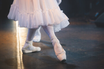 Ballet dancers couple during performance repetition, classic ballet rehearsal practicing in ballroom, view of legs in pointe shoes, ballerina and ballet dancer on a concert hall theatre stage