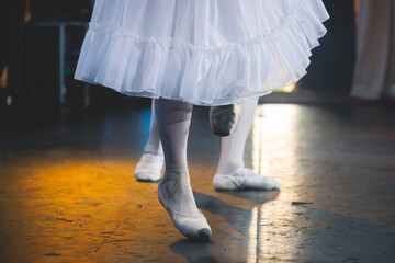 Ballet dancers couple during performance repetition, classic ballet rehearsal practicing in ballroom, view of legs in pointe shoes, ballerina and ballet dancer on a concert hall theatre stage © tsuguliev