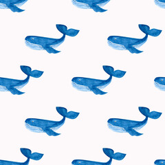 Seamless pattern of a watercolor blue whale.