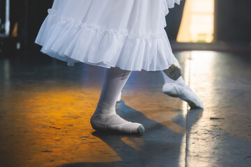 Ballet dancers couple during performance repetition, classic ballet rehearsal practicing in ballroom, view of legs in pointe shoes, ballerina and ballet dancer on a concert hall theatre stage © tsuguliev