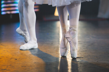 Ballet dancers couple during performance repetition, classic ballet rehearsal practicing in ballroom, view of legs in pointe shoes, ballerina and ballet dancer on a concert hall theatre stage © tsuguliev