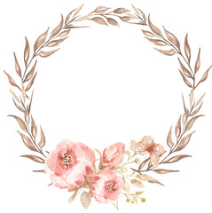 Dried herbs and peony flowers bouquet wreath in watercolor. Dried leaves branch frame with butterfly, pink floral border. Botanical illustration. Wedding invitation, greeting, card