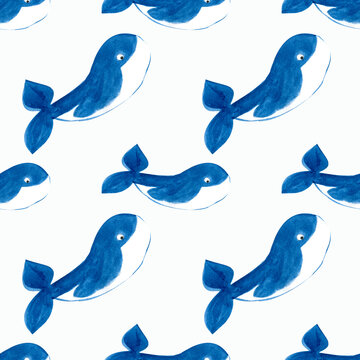 Seamless pattern of a watercolor blue whale.