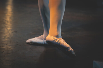 Ballet dancers couple during performance repetition, classic ballet rehearsal practicing in ballroom, view of legs in pointe shoes, ballerina and ballet dancer on a concert hall theatre stage © tsuguliev