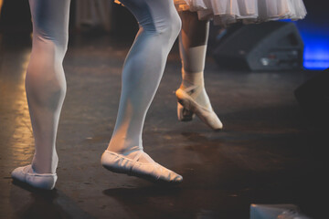 Ballet dancers couple during performance repetition, classic ballet rehearsal practicing in ballroom, view of legs in pointe shoes, ballerina and ballet dancer on a concert hall theatre stage © tsuguliev