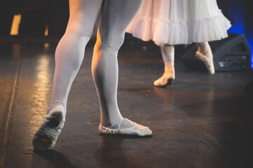 Ballet dancers couple during performance repetition, classic ballet rehearsal practicing in ballroom, view of legs in pointe shoes, ballerina and ballet dancer on a concert hall theatre stage © tsuguliev