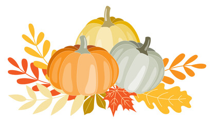 Clipart illustration composition of different pumpkins and leaves in warm Autumn colours. Set of isolated objects. Thanksgiving, Halloween or Harvest celebration use, cards design, scrapbooking.
