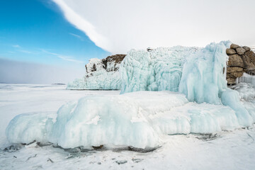 frozen Lake Baikal and clear blue sky 