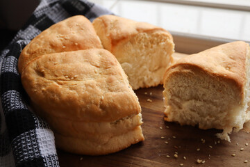 freshly baked bread. Pot brood or pot bread a traditional South African bread usually made in a cast iron pot on a braai 
