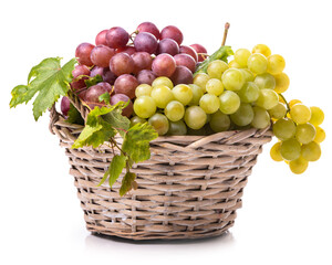 Bunches of white and pink grapes in a wicker basket