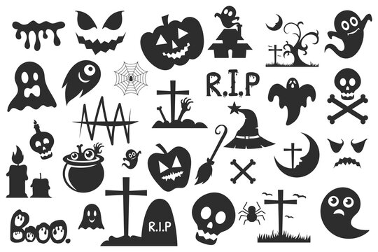 A set of ghost silhouettes depicting Halloween items including pumpkins, spiders, candles, hats, blood, houses, skeletons, etc.
