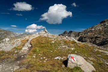 Pierre avec une flèche rouge et un chemin de randonnées dans les Alpes Suisse