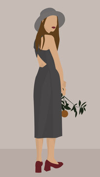 Vector flat image of a young girl in a midi dress and bright shoes. A girl in a hat holds a sprig with a lemon. Design for postcards, avatars, posters, backgrounds, templates, textiles, banners.
