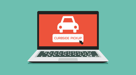 grocery pickup, safe shopping in store, order online and curbside pick up without leaving car concept, vector flat illustration service on laptop screen