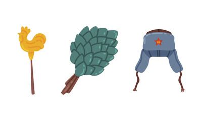 Bath or Sauna Besom and Hat with Ear Flaps as Russian Symbol Vector Set