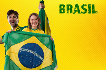 Brazilian Fans, couple Celebrating a yellow background.