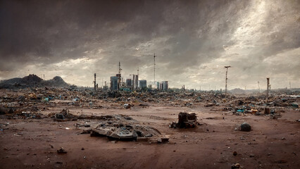 City Dump in Wasteland Sci-Fi Post Apocalyptic Panoramic Wallpaper. Big Landfill Outside the City in Desert Landscape Art Illustration. CG Digital Painting AI Neural Network Computer Generated Art - obrazy, fototapety, plakaty