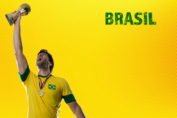 brazilian player, man celebrating on a yellow background