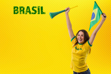 Female brazilian fan celebrating on a yellow background.